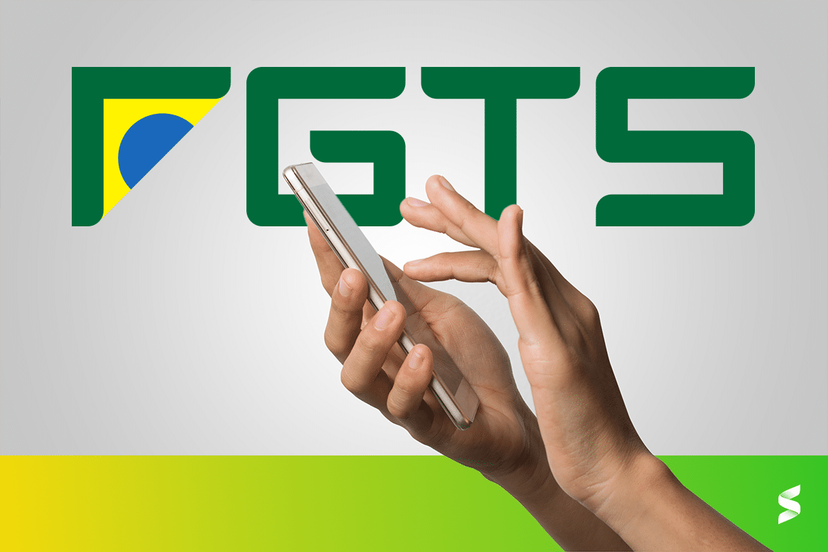 Imagem ilustrativa com mão segurando celular, destacando o logo do FGTS e a bandeira do Brasil.