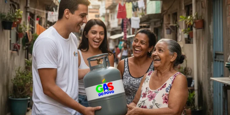 Jovem entregando botijão de gás do povo para mulheres sorridentes em rua de comunidade