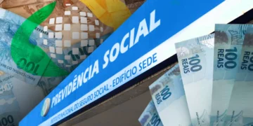 Fachada do Instituto Nacional do Seguro Social (INSS) com notas de Real (R$ 100) espalhadas ao redor, simbolizando os pagamentos de benefícios.