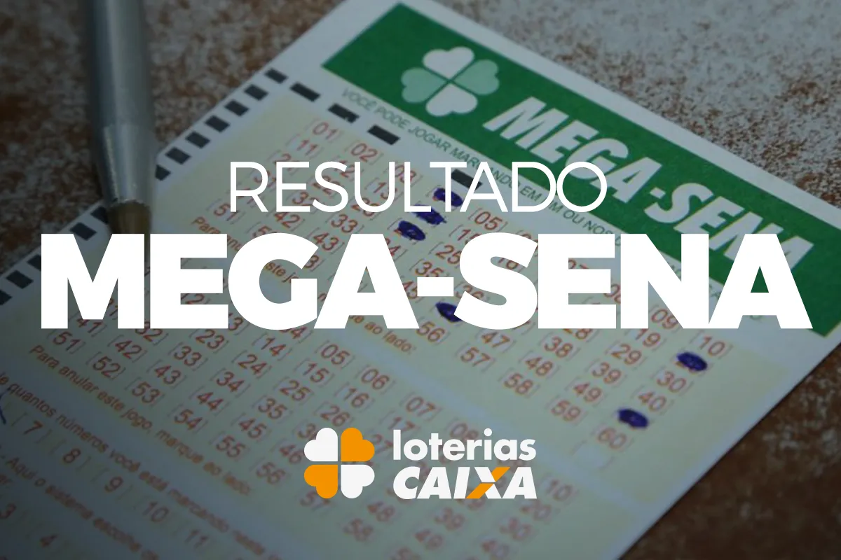 Bilhetes de Mega-Sena exibidos em leque com destaque para o resultado do sorteio e marca da Loterias Caixa.