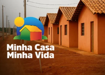 Casas populares térreas com teto de telha colonial em área rural com o logo do programa Minha Casa Minha Vida