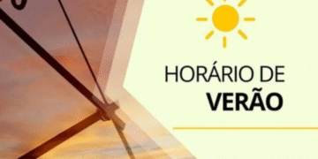 Relógio marcando o horário ao pôr do sol e ícone de sol com texto "Horário de Verão"