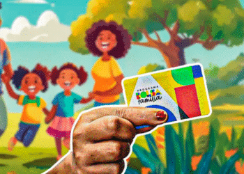 Cartão do Bolsa Família sendo segurado por uma pessoa, com ilustração de família ao fundo.