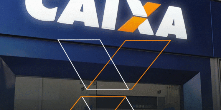 Fachada da agência da Caixa Econômica Federal com logo iluminado.