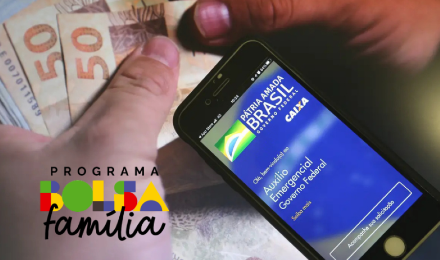 Imagem ilustrativa sobre o Auxílio Emergencial e o programa Bolsa Família, com destaque para o app Caixa e cédulas de dinheiro.