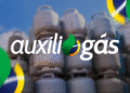 Logotipo do Auxílio Gás com botijões de gás ao fundo.