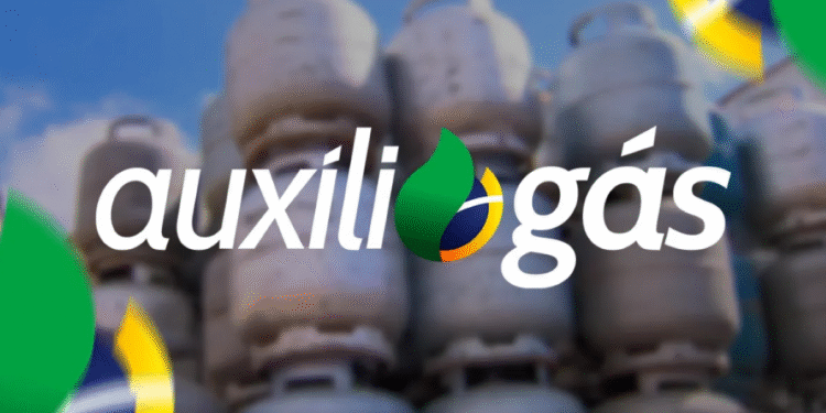Logotipo do Auxílio Gás com botijões de gás ao fundo.