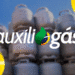 Logotipo do Auxílio Gás com botijões de gás ao fundo.