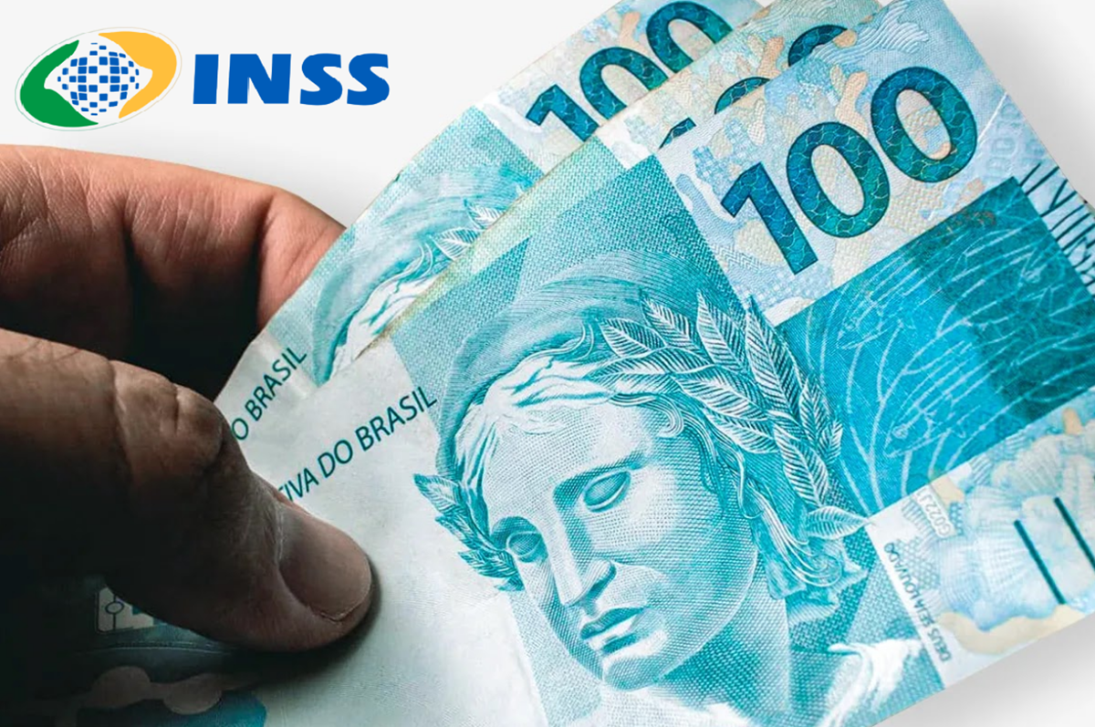 Mão segurando notas de 100 reais ao lado do logotipo do INSS.