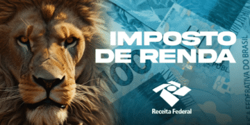 Leão-símbolo da Receita Federal com o logo da instituição e "IMPOSTO DE RENDA" em destaque, sobre um fundo de notas de R$ 100 em tons de azul e branco.