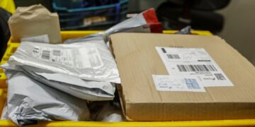 Caixas e pacotes de e-commerce com etiquetas de envio, representando compras online em plataformas como Shein, Shopee, Temu e Aliexpress.