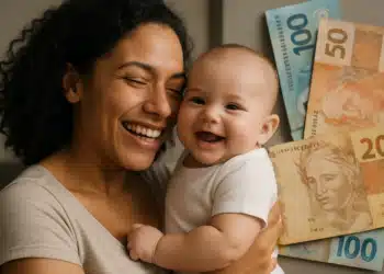 Mãe feliz abraçando seu bebê com notas de real ao fundo