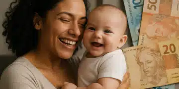 Mãe feliz abraçando seu bebê com notas de real ao fundo