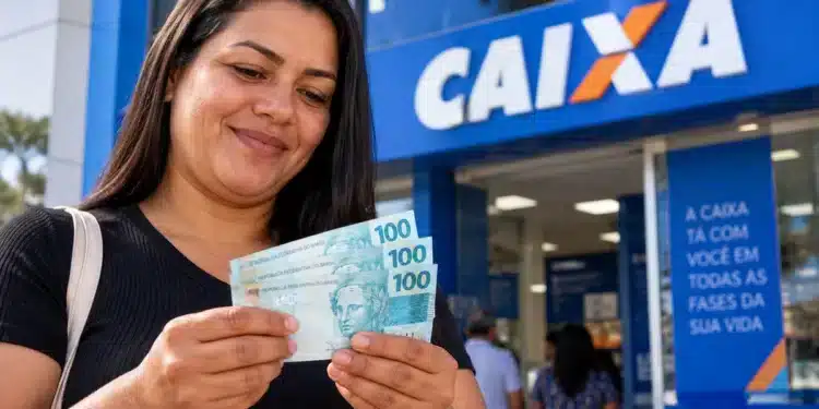 Mulher confere cédulas de R$ 100 em frente a uma agência da Caixa, representando o pagamento do lote complementar do Abono Salarial.
