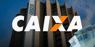Prédio da CAIXA com notas de 100 reais em destaque.