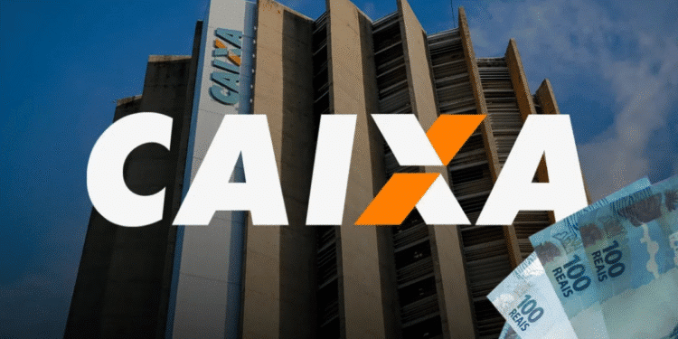 Prédio da CAIXA com notas de 100 reais em destaque.