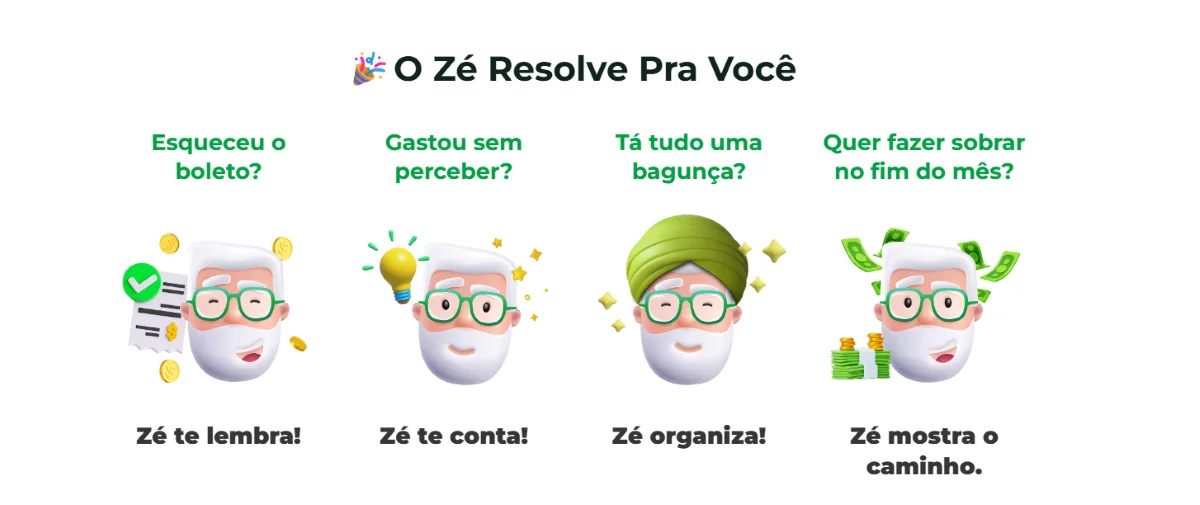 Ilustração do assistente financeiro Zé Finanças, representando um chatbot que ajuda a organizar as finanças e lembrar compromissos financeiros via WhatsApp.