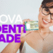 Mulher sorridente com óculos segurando a nova carteira de identidade brasileira, com texto "Nova Identidade" em roxo.