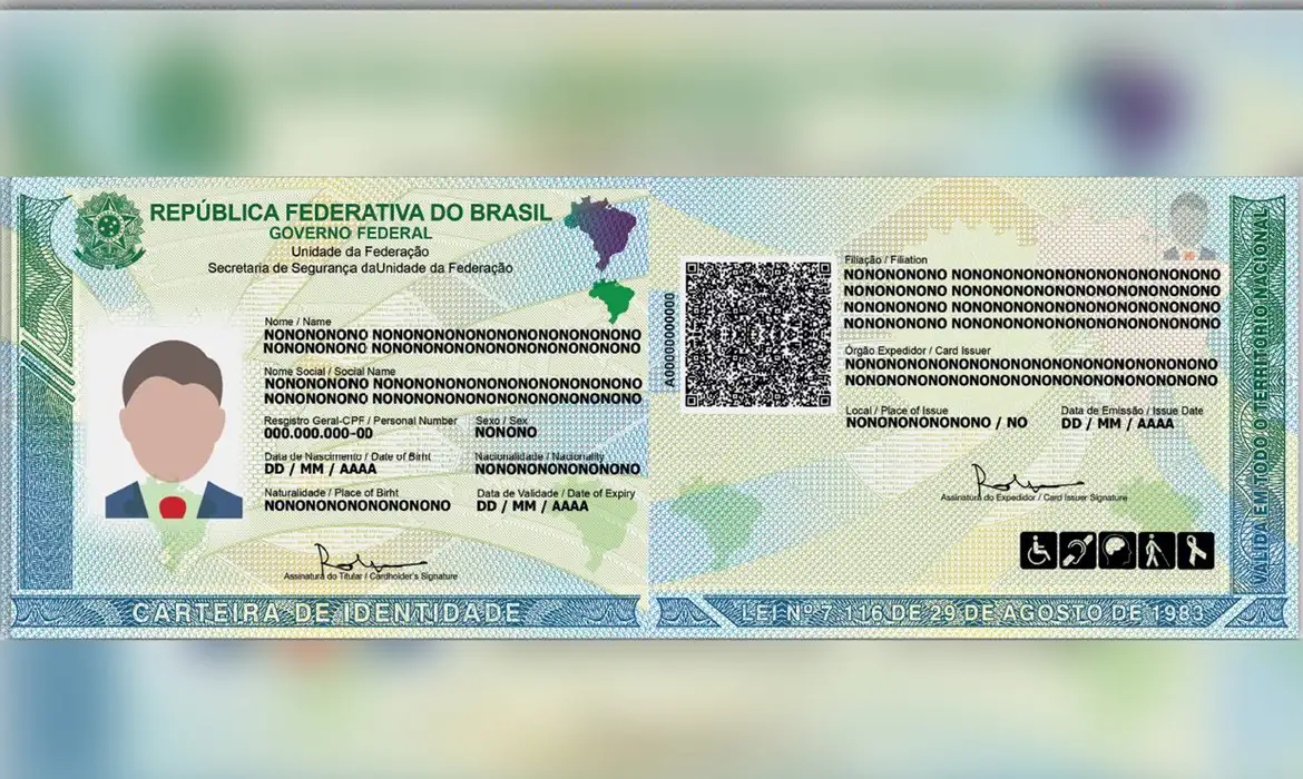 Frente e verso (anverso e reverso) da Carteira de Identidade Nacional (CIN) em fundo escuro, destacando o QR Code e o mapa do Brasil.