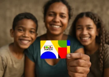 Família sorrindo e segurando o cartão do Bolsa Família, simbolizando a importância do acompanhamento de saúde no programa.