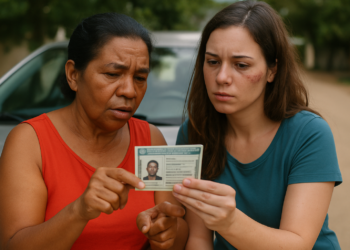 Duas mulheres olhando concentradas para um documento de identidade em uma rua com carro ao fundo
