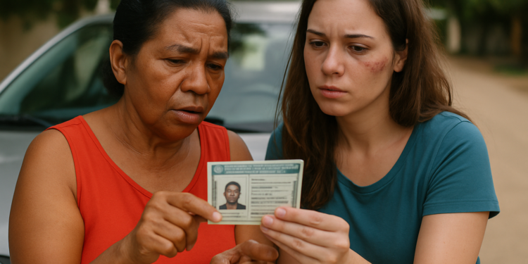 Duas mulheres olhando concentradas para um documento de identidade em uma rua com carro ao fundo
