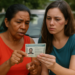 Duas mulheres olhando concentradas para um documento de identidade em uma rua com carro ao fundo