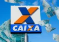 Imagem ilustrativa do logotipo da CAIXA e notas de R$ 100 flutuando no ar, representando valores de até R$ 1.600 para contemplados.