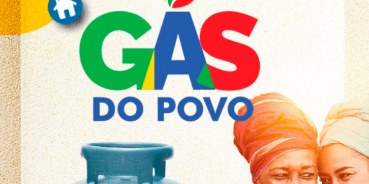 Logo colorido do Gás do Povo com chama, cilindro de gás azul e duas mulheres sorrindo com lenços na cabeça, ao lado de ícones de casa, coração e polegar para cima.