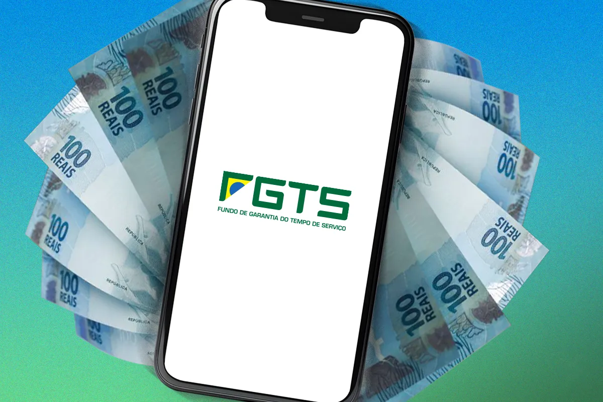 Imagem de um celular com o logo do FGTS, acompanhado de cédulas de R$ 100, representando a consulta para saque do FGTS.