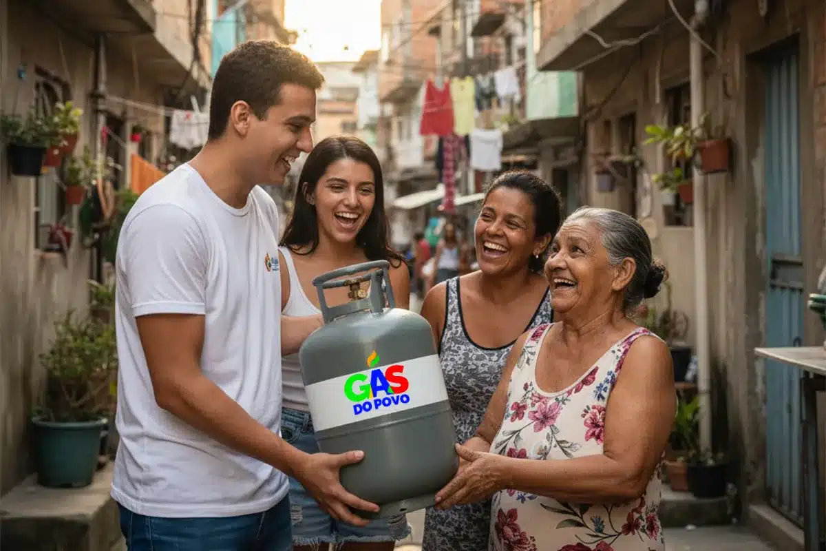 Gás do Povo: Veja como sua família pode receber o benefício em novembro Família em comunidade recebendo um botijão de gás com o logo do "Gás do Povo", ilustrando como receber o benefício.