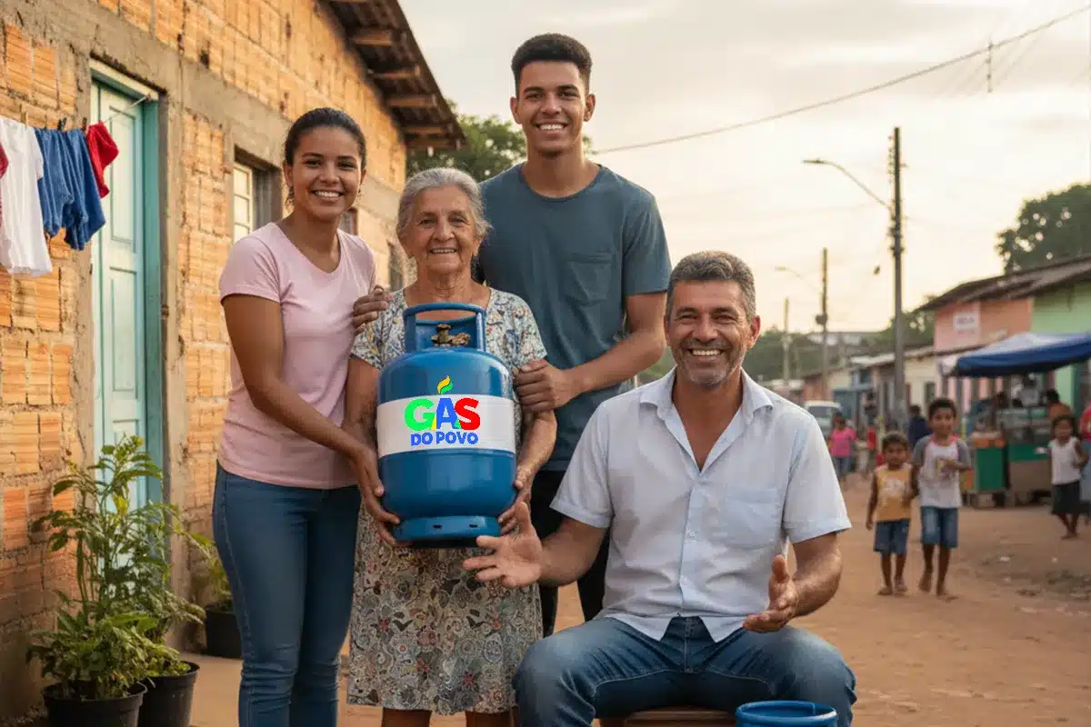 Gás do Povo Leva Benefício a Famílias do Bolsa Família Através de Revendas em Todo o País Família sorridente com botijão de "Gás do Povo" em frente a casas simples, representando a distribuição do benefício em todo o país.