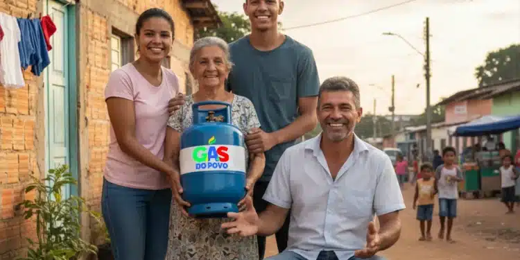 Família de baixa renda sorrindo na rua, segurando um botijão de gás azul com o logotipo "Gás do Povo", representando o novo modelo de distribuição e apoio social.