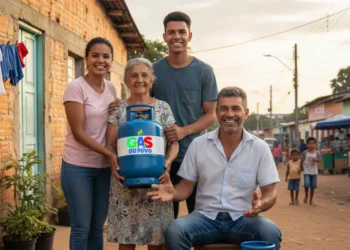 Família de diferentes gerações em comunidade, sorrindo e segurando um botijão "Gás do Povo", simbolizando o impacto dos programas Luz do Povo e Gás do Povo.