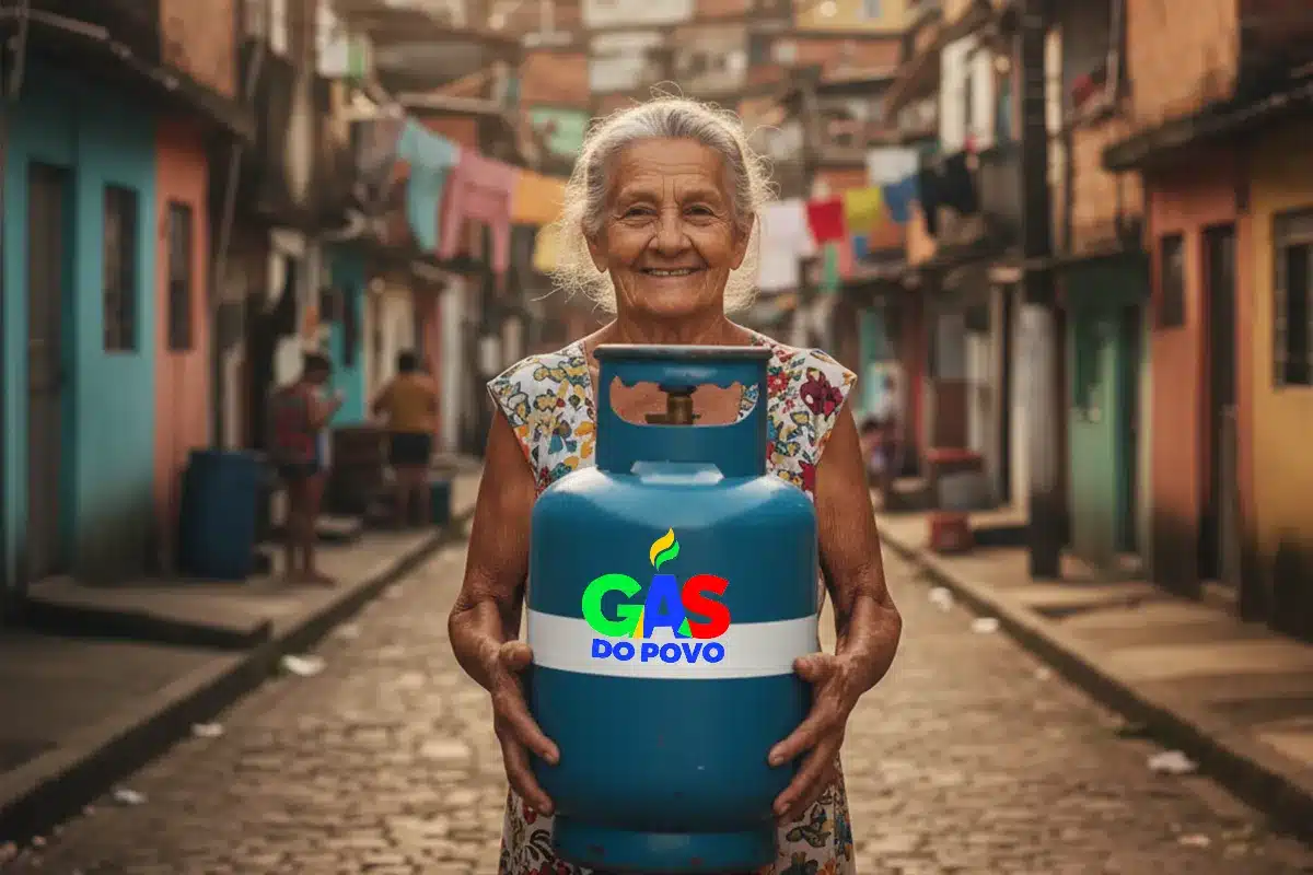 Gás do Povo Botijão Grátis CadÚnico Regras Recarga Programa Gás do Povo. Mulher idosa sorrindo, em uma rua de comunidade, segurando um botijão de gás azul, simbolizando a entrega direta do benefício e o combate à pobreza energética no Brasil.