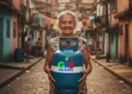 Idosa brasileira sorridente segurando um botijão de gás azul com o logo "Gás do Povo" em favela. Ação do MME de recarga gratuita de botijão de 13kg.