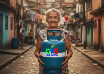 Idosa brasileira sorridente segurando um botijão de gás azul com o logo "Gás do Povo" em favela. Ação do MME de recarga gratuita de botijão de 13kg.
