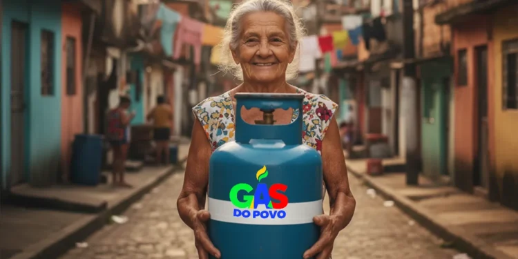 Idosa brasileira sorridente segurando um botijão de gás azul com o logo "Gás do Povo" em favela. Ação do MME de recarga gratuita de botijão de 13kg.