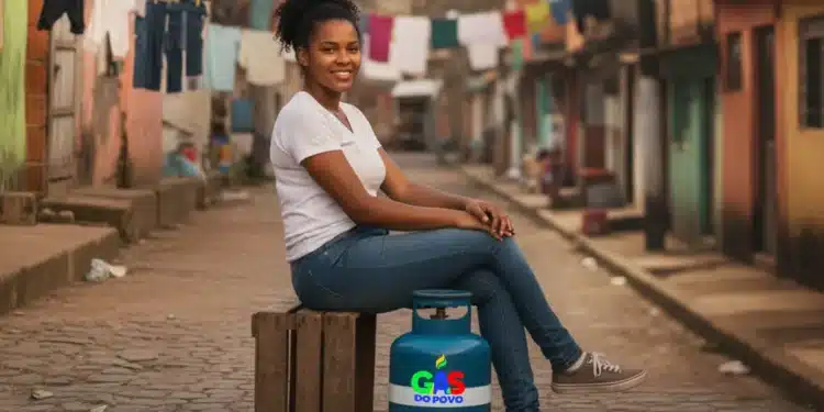 Mulher sorridente em comunidade, sentada ao lado de botijão de "Gás do Povo", representando a facilidade de retirada.