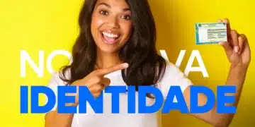 Mulher sorridente segurando carteira de identidade oficial do Brasil com fundo amarelo e texto "Nova Identidade".