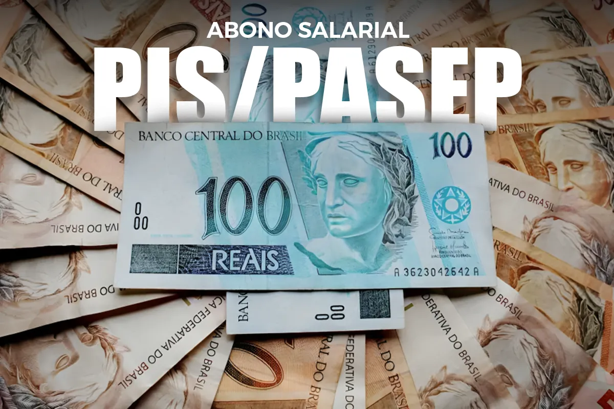 Dinheiro em cédulas de reais, com destaque para a nota de 100 reais, representando o abono salarial PIS/Pasep.