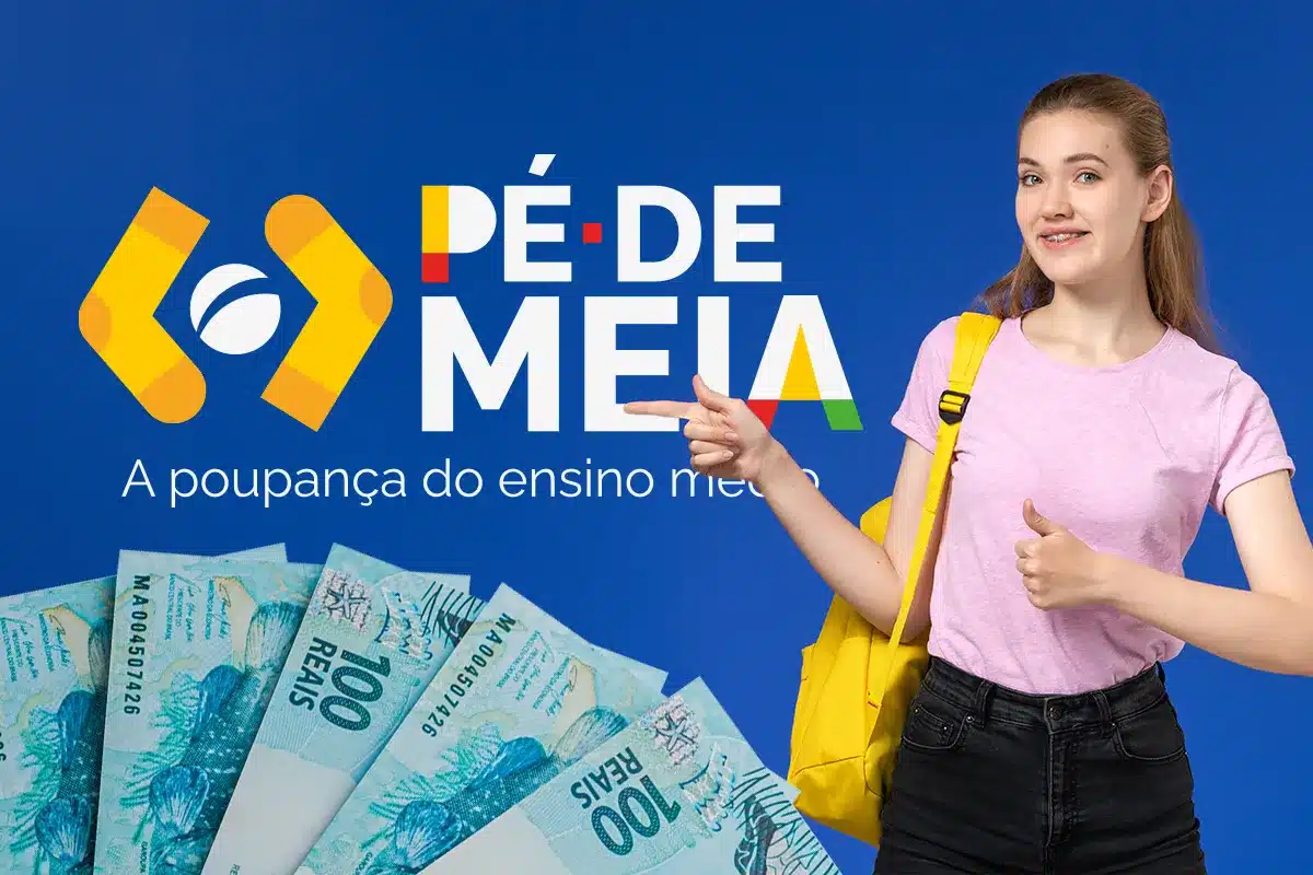 Regras do Pé-de-Meia: Frequência Mínima de 80% Garante a Parcela Mensal de R$ 200 Jovem sorrindo e apontando para um leque de notas de R$ 100 Reais, com o logotipo "Pé-de-Meia: A poupança do ensino médio", ilustrando o recebimento do benefício.
