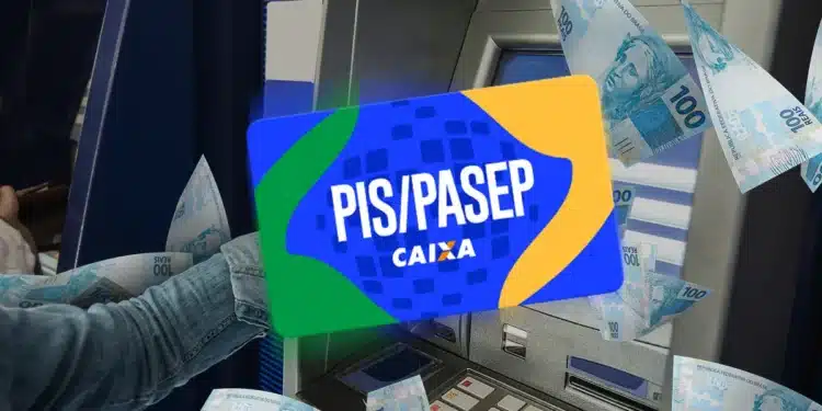 Cartão PIS/PASEP sobreposto a caixa eletrônico com cédulas de 100 reais voando ao redor