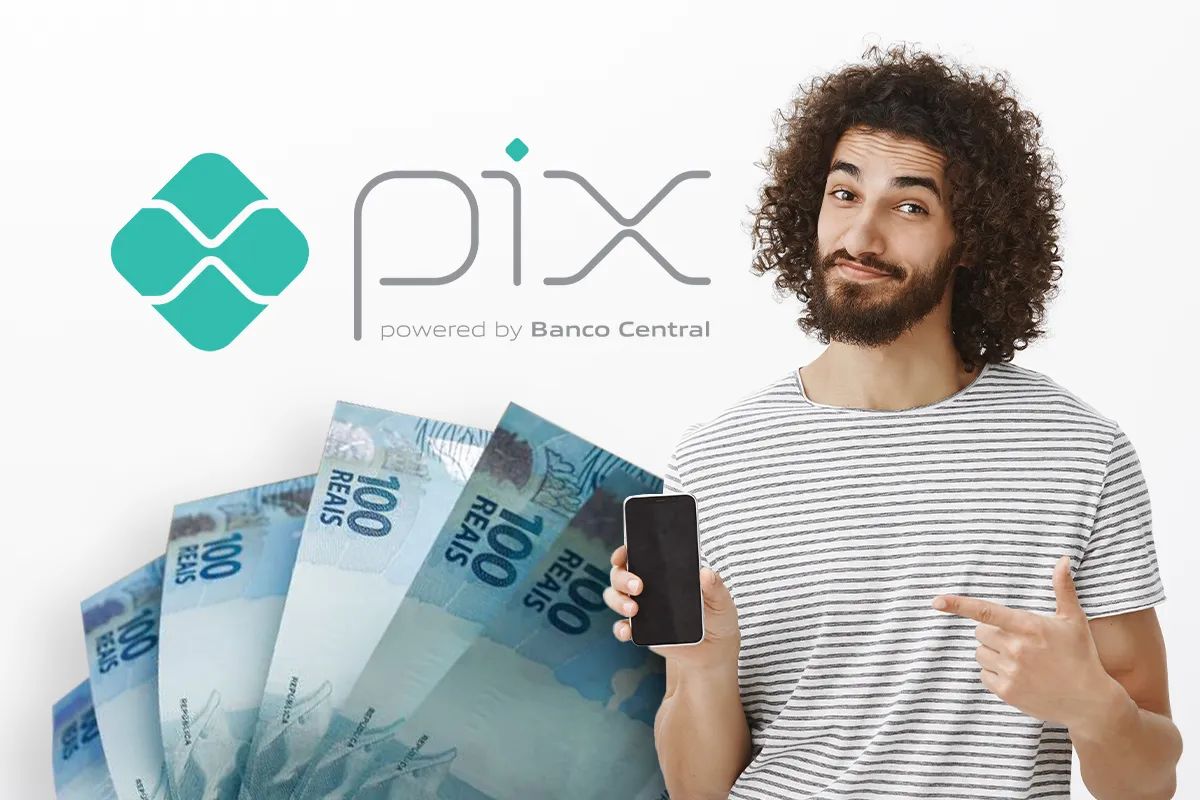 Transferência fácil e rápida com PIX Banco Central Homem sorridente segurando celular e notas de dinheiro ao lado do logotipo do PIX do Banco Central