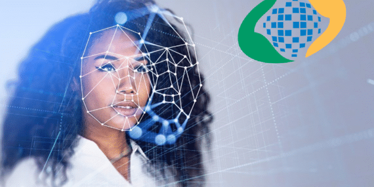 Mulher sendo identificada por reconhecimento facial digital ao lado do logo do INSS.