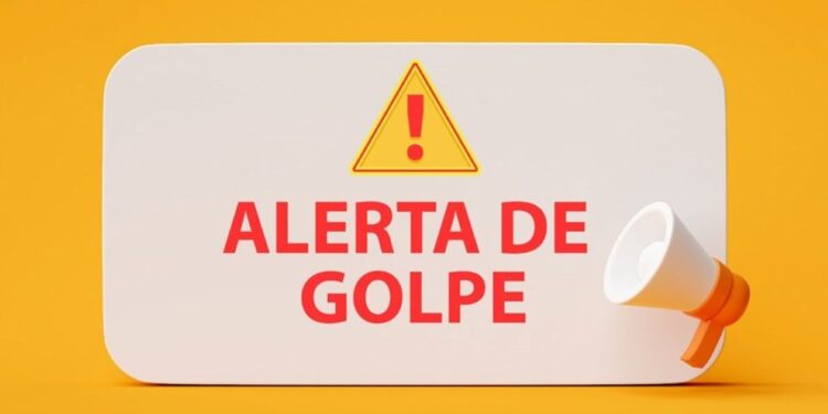 Imagem de alerta sobre golpes envolvendo o falso 14º salário do INSS, com um ícone de advertência e um megafone.