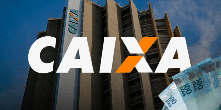 Prédio da Caixa Econômica Federal com cédulas de 100 reais em destaque.