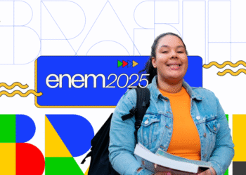 Imagem do ENEM 2025 com uma jovem sorrindo, segurando livros e uma mochila, com elementos gráficos coloridos ao fundo.