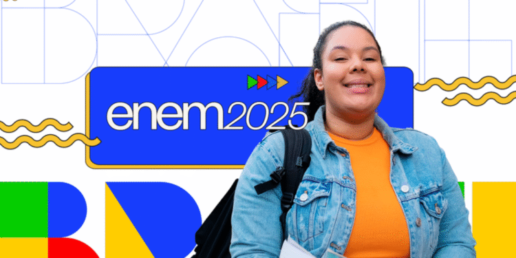 Imagem do ENEM 2025 com uma jovem sorrindo, segurando livros e uma mochila, com elementos gráficos coloridos ao fundo.