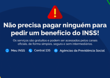 Alerta do INSS em fundo azul: "Não precisa pagar ninguém para pedir um benefício!", com ícones dos canais oficiais, prevenindo golpes de "facilitadores".